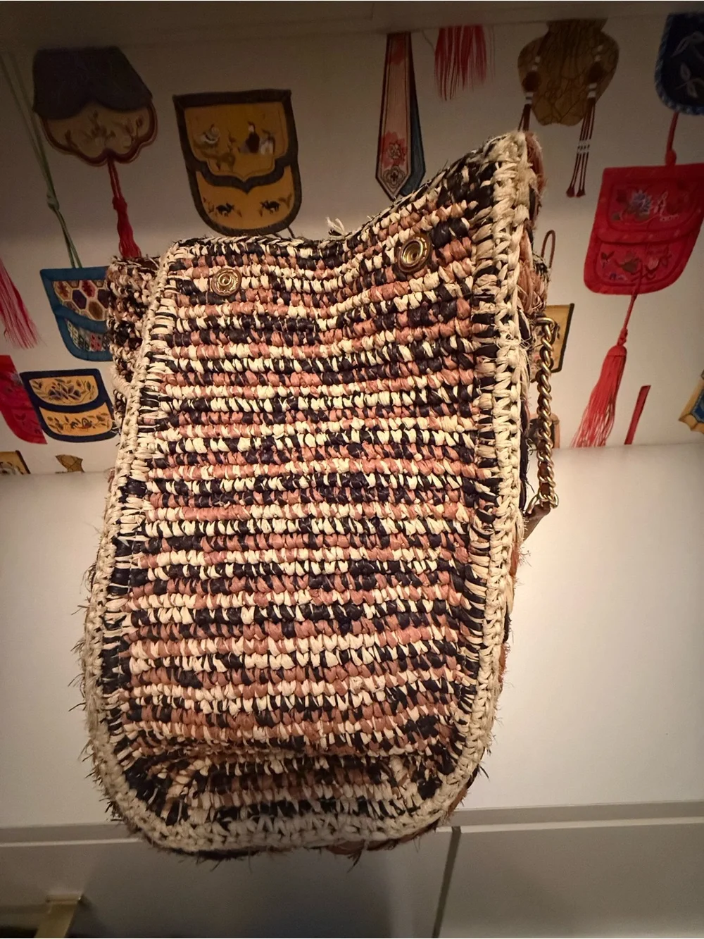 Tory Burch Braided Raffia Multicolor Tote with Gold Chain Handles